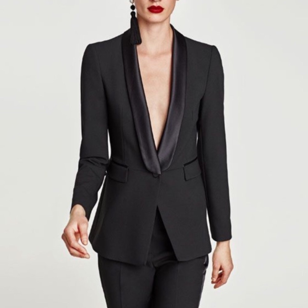 Zara Black Satin-Lapel Blazer